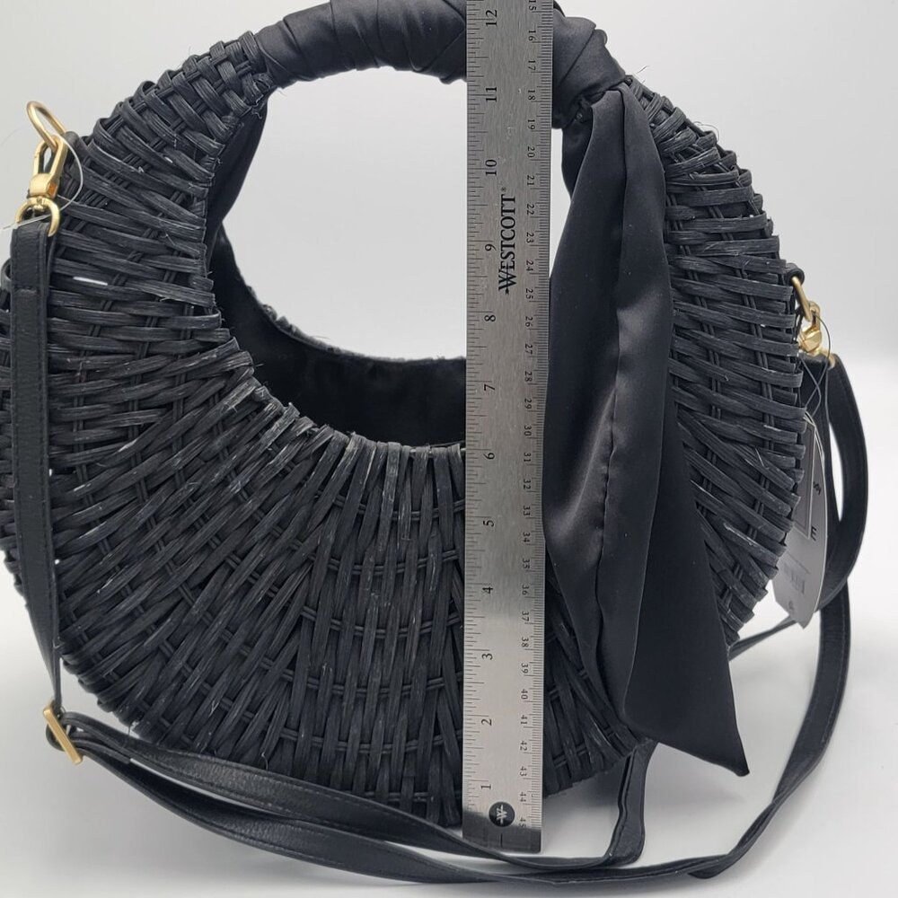 Boho Large Crescent Crosbody Woven Rattan Handbag With Fabric Handle Wrap - Picture 16 of 16